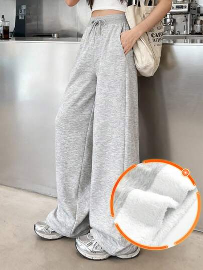 Teen Girl Floral Gray Fleece Drawstring Pocket Casual Pants Wide Leg Sweatpants Comfy Pants Baggy Sweatpants Flared Sweatpants Loose Pants
