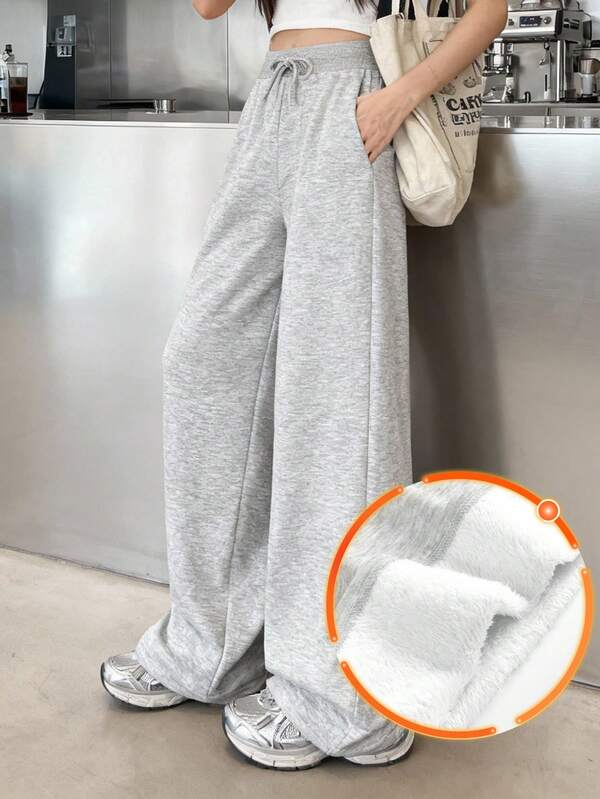 Teen Girl Floral Gray Fleece Drawstring Pocket Casual Pants Wide Leg Sweatpants Comfy Pants Baggy Sweatpants Flared Sweatpants Loose Pants
