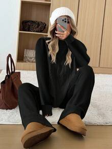 SHEIN Teen Girls Solid Color Round Neck Long Sleeve Sweater Top And Pants 2 Piece Casual Set, Winter Outfit,/Spring/Autumn/Christmas,Holiday/Famliy Day/Happy New Year,Spring/Autumn/Christmas,Holiday/Famliy Day/Happy New Year - Black - View 3