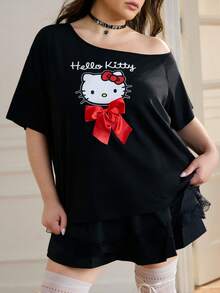 HELLO KITTY AND FRIENDS | SHEIN Áo thun nữ dáng rộng in họa tiết hoạt hình dễ thương, cổ áo bất đối xứng, màu tương phản, thoải mái khi đi làm, mặc mùa hè, size lớn - màu đen - Xem 3
