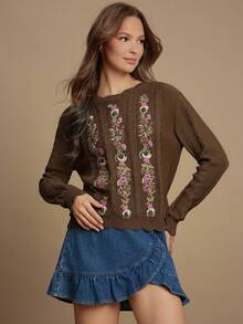 WESTFADE Floral Embroidered Cable Knit Crew Neck Long Sleeve Relaxed Knit Sweater - Volcanic Gray - View 4