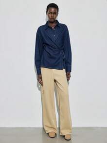 Maija 女士秋季长袖纽扣设计侧裹系带休闲牛仔衬衫 - 深色水洗藍 - 查看 4