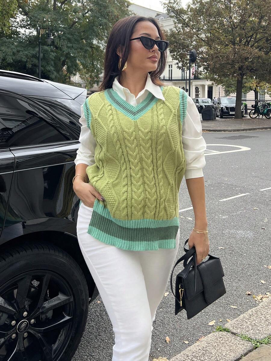 NegzBox 條紋飾邊下擺開叉毛衣背心不帶襯衫