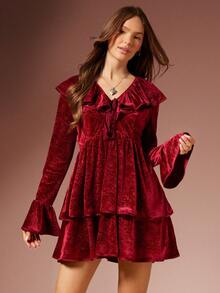 WESTFADE Robe mini évasée à manches longues avec volants superposés, col en V en velours gaufré avec nœud papillon. Idéale pour l'automne, l'hiver, les fêtes, Noël, le Nouvel An. Élégante, bohème, décontractée, mignonne, style western. - Rouge - Voir 3