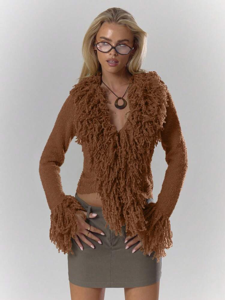 トップス ANIMAL SHAGGY KNIT CARDIGAN MUSERA Knit Shaggy Trim Fitted Cardigan Cosy Fluffy Cute Casual
