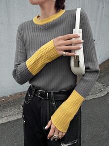 FRIFUL pull casual ajusté à manches longues, col et poignets contrastés, col rond, côtelé. Polyvalent pour l'automne/l'hiver - Gris - Voir 3