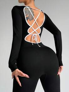Slayform Slayform Seamless Yoga Jumpsuit,Black And White Contrast,Long Sleeves,Backless Criss-Cross Straps,Slim Fit One Piece For Autumn Athleisure,Gym,Pilates,Yoga - Black - View 6