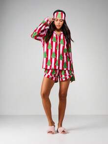MISSGUIDED 女士圣诞树睡衣套装，节日睡衣，纽扣前开襟长袖上衣搭配同款短裤，红粉条纹，节日家居服 - 彩色 - 查看 4