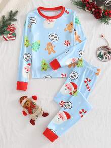 2pcs Girls' Green Gingerbread Man Christmas Color Soft Fleece Elastic Long Sleeve Top And Pants Homewear Set - Baby Blue - View 7