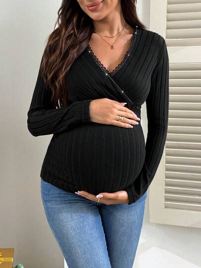 SHEIN Koszulka damska w ciąży z dekoltem w serek, kontrastową koronką, długim rękawem, prążkowana, dopasowana