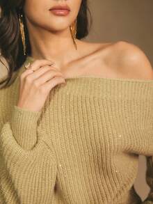 Poéselle Women's Sparkly Asymmetrical Shoulder Chunky Knit Sweater – Slouchy Glitter Pullover For Cozy Holiday, Cozy Holiday Slouchy Jumper, Loose Fit Long Sleeve Sweater, Autumn/Winter Christmas New Year Party Sweater - Gold - View 1