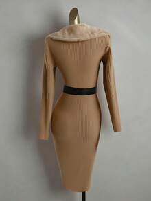 SHEIN Franclia Women's Elegent Mid-Length Faux Fur Collar Ribbed Knit Dress,Autumn Camel Long Sleeve Belted Fitted Midi Dress For Office Commuting& - Khaki - View 2