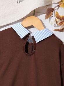 2pcs/Set Tween Girls' School Style Brown Autumn Casual Back-To-School Collared Sweatshirt With English Print,Pleated Skirt,Ribbon & Bow Decor,Knit - Brown - View 3
