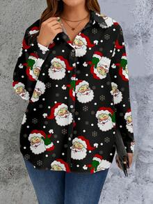 EMERY ROSE Plus Size Women's Casual Long Sleeve Collared Button-Up Shirt, Suitable For Work, Christmas, Autumn/Winter New Year Party - Multicolor - View 4