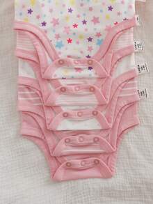 新生女宝宝可爱百搭针织条纹粉色星星图案连体衣、裤子、手套三件套 - 淺粉色 - 查看 5