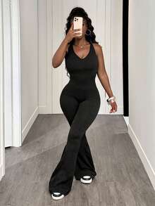 Slaydiva 1件豹纹扭纹深V喇叭连体裤 - 黑色 - 查看 5