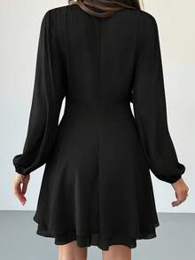 Aloruh Black Elegant French Date Dinner Date Music Festival Tie-Up Long Sleeve Ruffle Hem Mini Dress For Women Autumn - Black - View 2