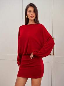 Aloruh Đầm ôm sát vai trễ vai, eo cao thanh lịch dành cho nữ theo phong cách Giáng sinh màu đỏ - Đỏ - Xem 8