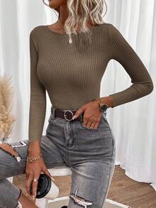 SHEIN LUNE Jersey de punto acanalado con cuello de barco, tops de manga larga para otoño/invierno - Marrón Mocha - Ver 5
