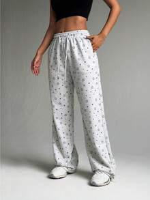 Dewbera Women's Casual Star Print Drawstring Waist Sports Pants Comfy Pants Lounge Pants Star Pattern Pants Wide Leg Sweatpants Star Print Pants - Grey - View 6