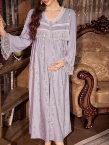 PalaceNights Heavily Embroidered Patchwork V-Neck Half-Button Oversized Long Sleeve Maternity Nightgown, For Fall & Winter - Purple - View 3