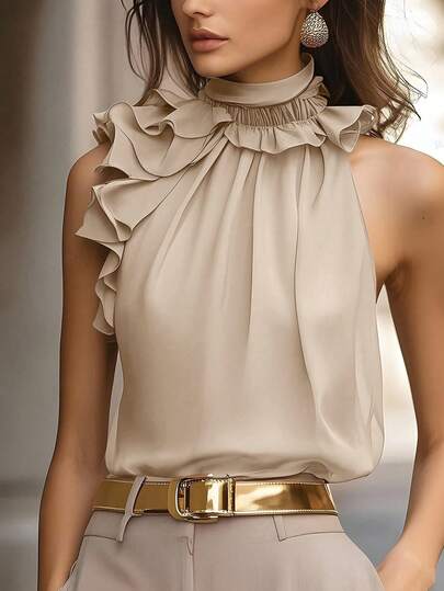 EMERY ROSE Blusa Franzida sem Mangas, Intelectual e Elegante