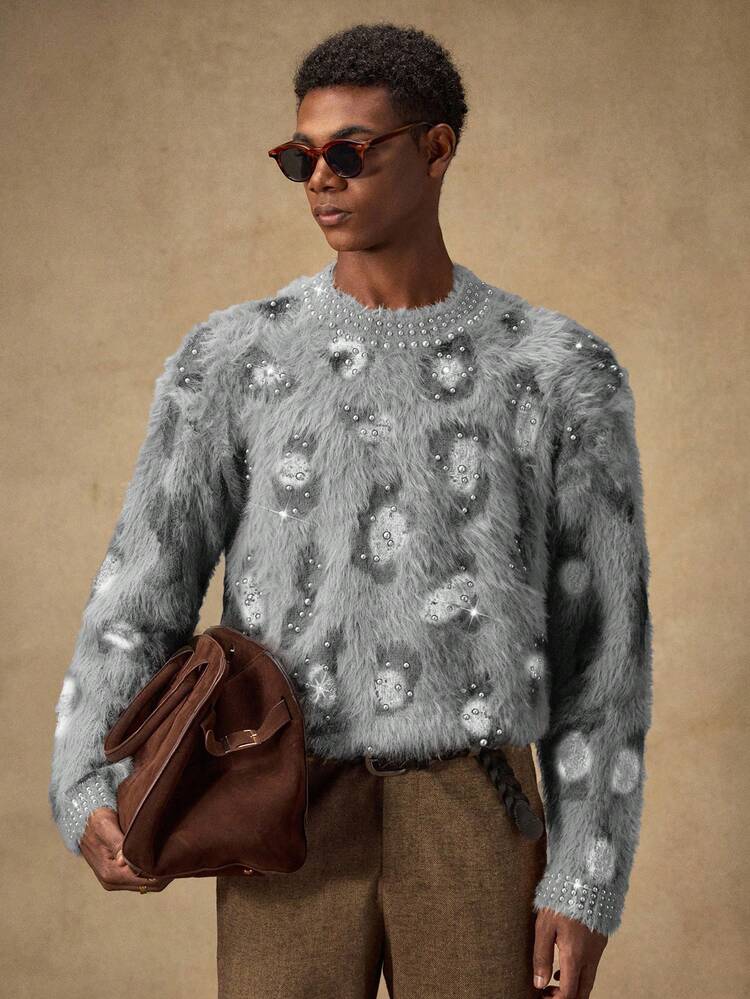 Jersey de cuello redondo de manga larga para hombre AKNOTIC - Adornado con jacquard de estampado de leopardo, corte casual holgado, nueva llegada de otoño/invierno