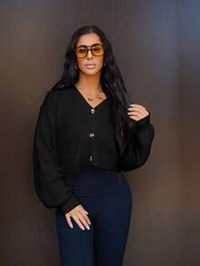 SAYEHFBABY Solid Drop Shoulder Button Up Crop Cardigan,Long Sleeve Tops,Knitted Sweater In Fall/Winter - Black - View 6