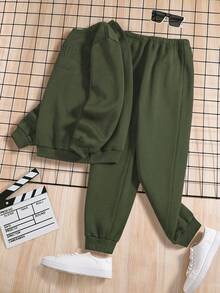 压花字母卫衣和运动裤套装 - 軍綠色 - 查看 3