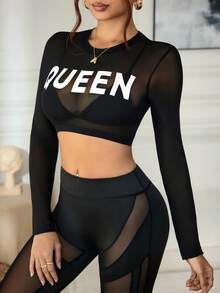 SHEIN Sports Women's Casual Slogan Mesh Round Neck Long Sleeve Sheer Workout Top,Black And White,Summer,Sexsy,Gym Adult Sports T-Shirt Set For Daily Wear - Black - View 4