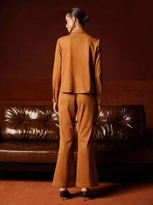 Anewsta Women's Fall/Winter Long Sleeve Cardigan & Suede-Like Utility Shirt, Flared Pants 2 Pieces Set, Versatile, Elegant, Chic, Stylish, Business Casual - Camel - View 2