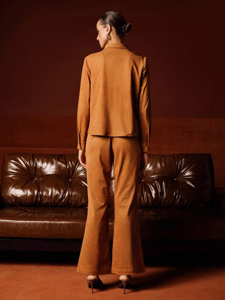 Women's Fall/Winter Long Sleeve Cardigan & Suede-Like Utility Shirt, Flared Pants 2 Pieces Set, Versatile, Elegant, Chic, Stylish, Business Casual