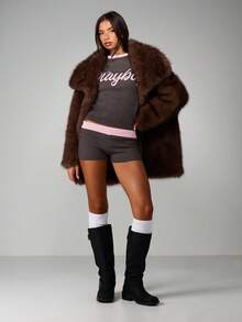 Missguided x Playboy Ribbed Knit Shorts With Pink Contrast Trim Script Logo Loungewear - Grey - View 5