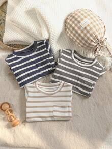 SHEIN 3pcs Baju Bayi Laki-laki Kasual Bergaris Leher Bulat dengan Hiasan Saku Lengan Panjang, Nyaman untuk Musim Gugur/Musim Dingin - MultiWarna - View 2