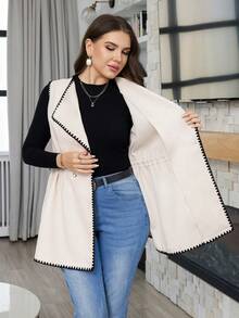 Modelyn Chaqueta sin mangas con cintura con cordón y ribete de color block, talla grande, para otoño/invierno - Albaricoque - Ver 3