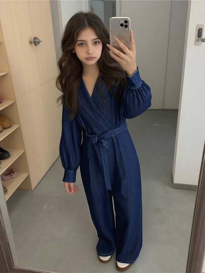 SHEIN 少女时尚休闲 Y2K 复古酷炫街头返校学院风基本款简约舒适深蓝色宽松连体裤牛仔裤，含腰带，适合少女日常穿着，柔软舒适，也适合少女秋冬季派对、节日和街头服饰。