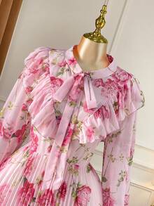 Rometta Váy maxi dài tay xếp ly họa tiết hoa lãng mạn cỡ lớn cho nữ có nơ thắt eo - Hồng - Xem 6