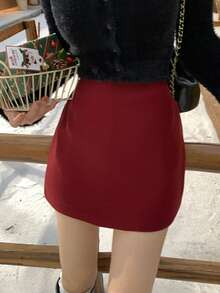 DAZY 女士羊毛混纺半身裙，休闲商务优雅百褶A字裙，适合秋冬季穿着 - 紅色 - 查看 2