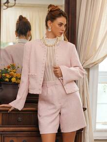 Glamine Charm Light Pink Summer Ellegant Pearl Decor Tweed High-End Jacket And Shorts Set For Women,Fashionable Tea Party Pink Suits Women Suit Set Blazer Suits - Baby Pink - View 6
