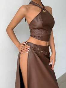 Jeanoix Damen Set aus ärmelloser Crop Top und Mini Rock in Unifarbe, 2-teilig - Braun - Übersicht 3