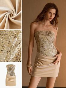 MOTF PREMIUM VESTIDO MINI PARA MUJER DE TERCIOPELO CON PARCHES BORDADOS DE LENTEJUELAS DESCONSTRUCTURADO - Dorado - Ver 8