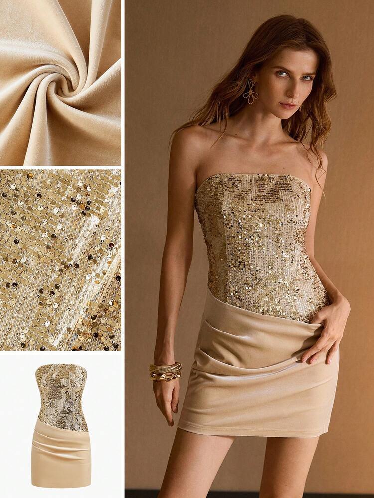 WOMEN'S SEQUINS EMBROIDERED VELVET PATCHWORK DECONSTRUCTED MINI DRESS