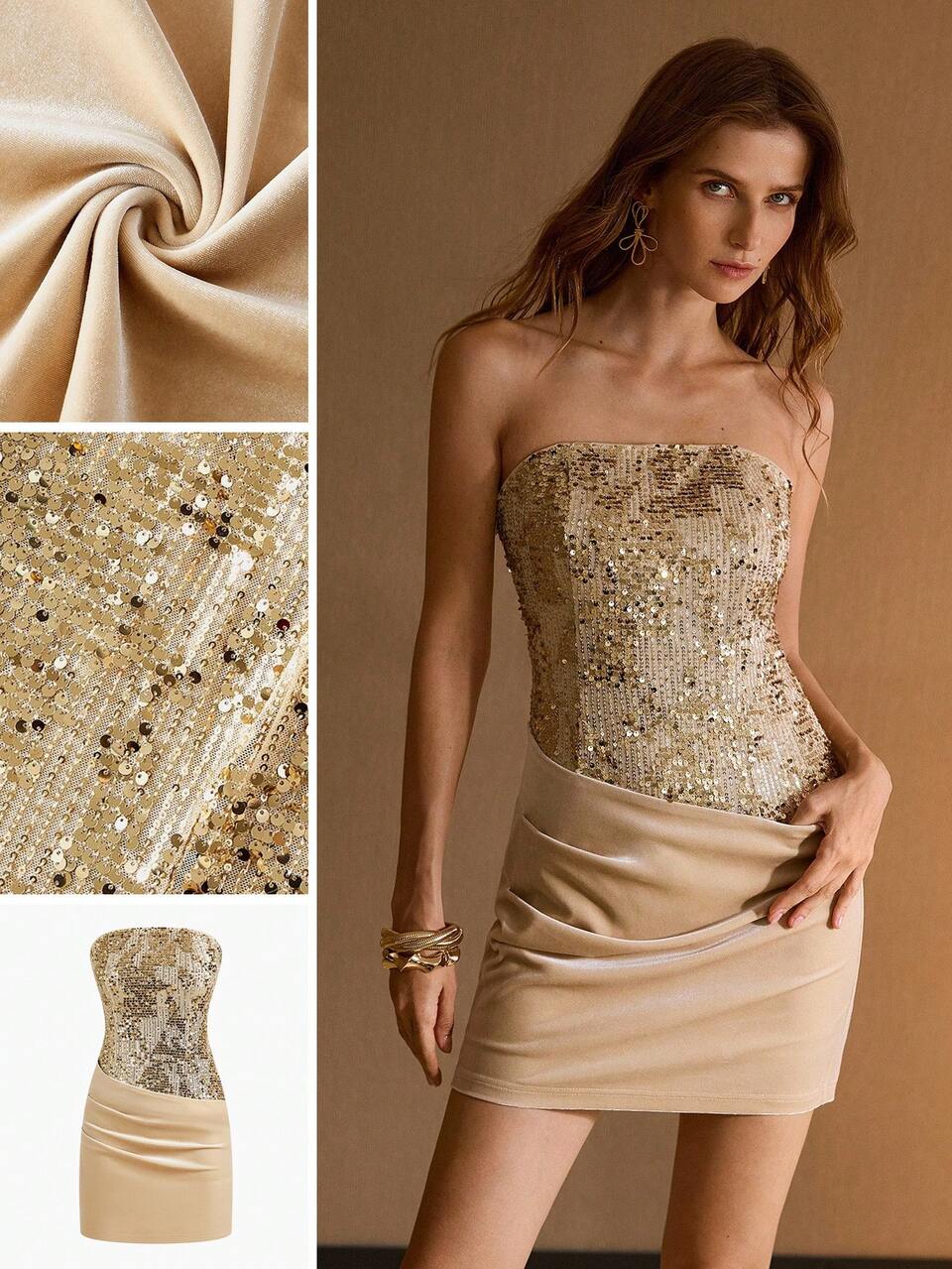WOMEN'S SEQUINS EMBROIDERED VELVET PATCHWORK DECONSTRUCTED MINI DRESS