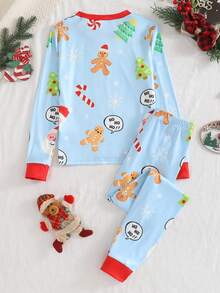 2pcs Girls' Green Gingerbread Man Christmas Color Soft Fleece Elastic Long Sleeve Top And Pants Homewear Set - Baby Blue - View 2