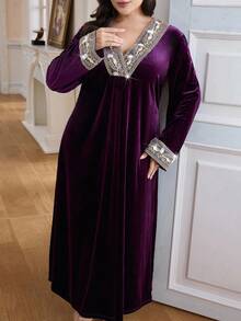 Al Najma Plus Size Women V-Neck Loose Long Sleeve Arabic Style Dress