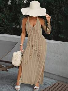 SAYEHFBABY 女士波西米亞風格露背束頸海灘遮罩連衣裙,適用於夏季、度假、旅遊、節日、游泳池 - 杏色 - 查看 1