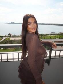 Ambs Edit Sheer Tie Neck Cardigan & Multi-Layered Lace Trim Shorts 2pcs Set - Brown - View 5