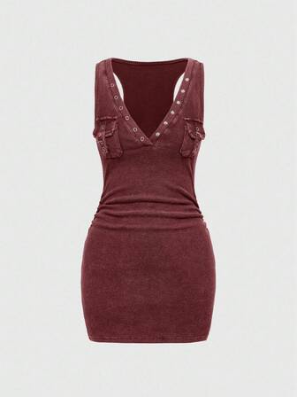 Grunge Punk Robe fourreau à taille froncée, manches courtes, noire et grise mouchetée, avec poches en œillets, style vintage lavé et délavé