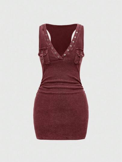 Grunge Punk Abito aderente a maniche corte con vita arricciata, in stile vintage, lavato e consumato, con occhielli e tasche, a tinta unita nero e grigio puntinato