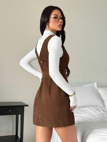 SHEIN PETITE Vestido curto marrom de veludo cotelê com bolsos aplicados e abotoamento simples, estilo country. - Castanho - Ver 2